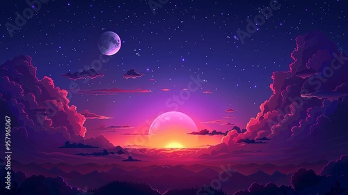 Pink Sunset Over Purple Mountains With a Crescent Moon and Stars