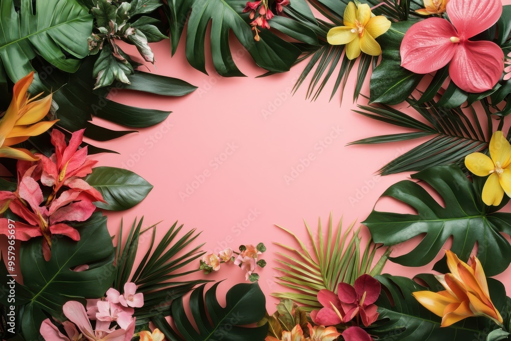 A vibrant arrangement of tropical flowers and leaves framing a soft pink background. A vibrant arrangement of tropical flowers and leaves framing a soft pink background.