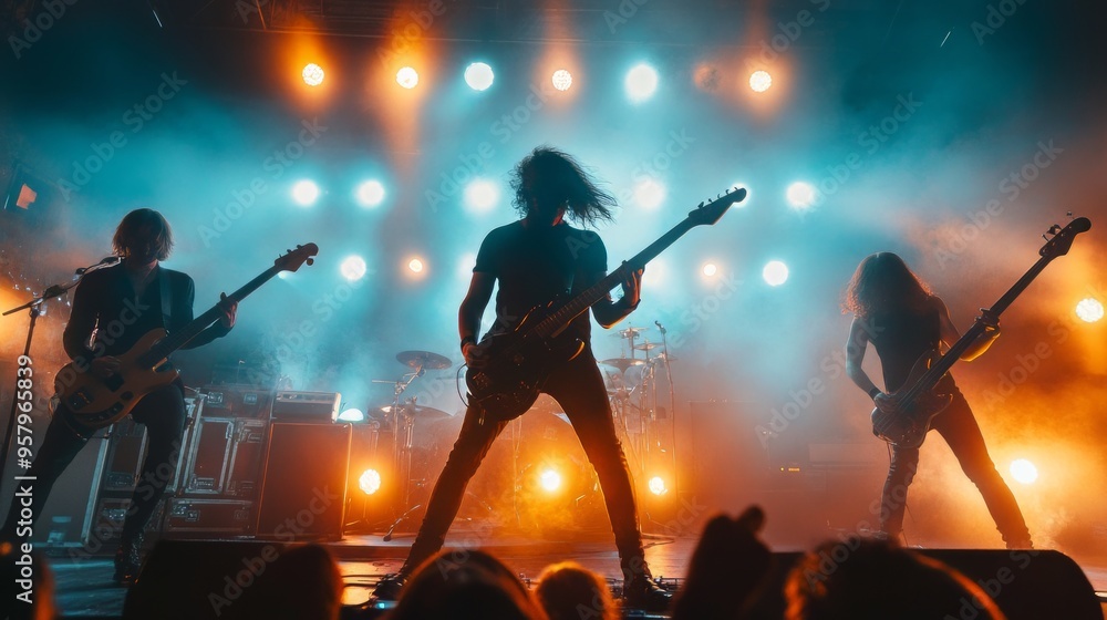 Fototapeta premium Live Music Performance, High resolution image of a rock band performing on stage, with vibrant stage lights, a cheering crowd, and an electric atmosphere