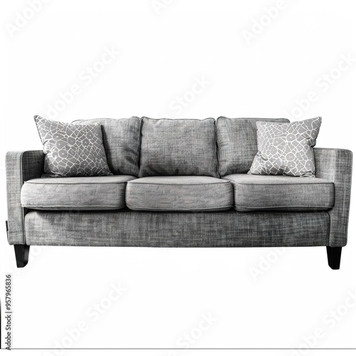 Grey three seater sofa isolated on transparent  photo