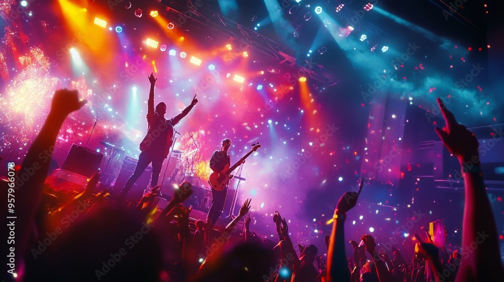 Live Music Performance, High resolution image of a rock band performing on stage, with vibrant stage lights, a cheering crowd, and an electric atmosphere Live Music Performance, High resolution image of a rock band performing on stage, with vibrant stage lights, a cheering crowd, and an electric atmosphere