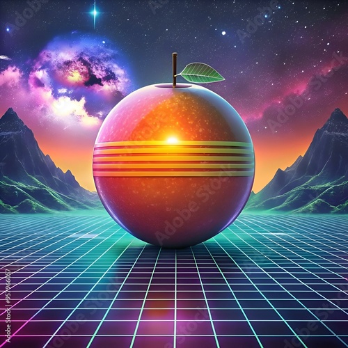 A futuristic 3D illustration of a mamoncillo fruit set against a vibrant 80s synthwave landscape. photo