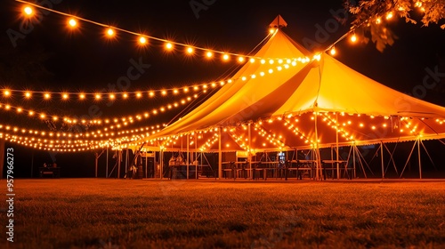 A large white tent illuminated by string lights at night. The tent is set up in a grassy field.