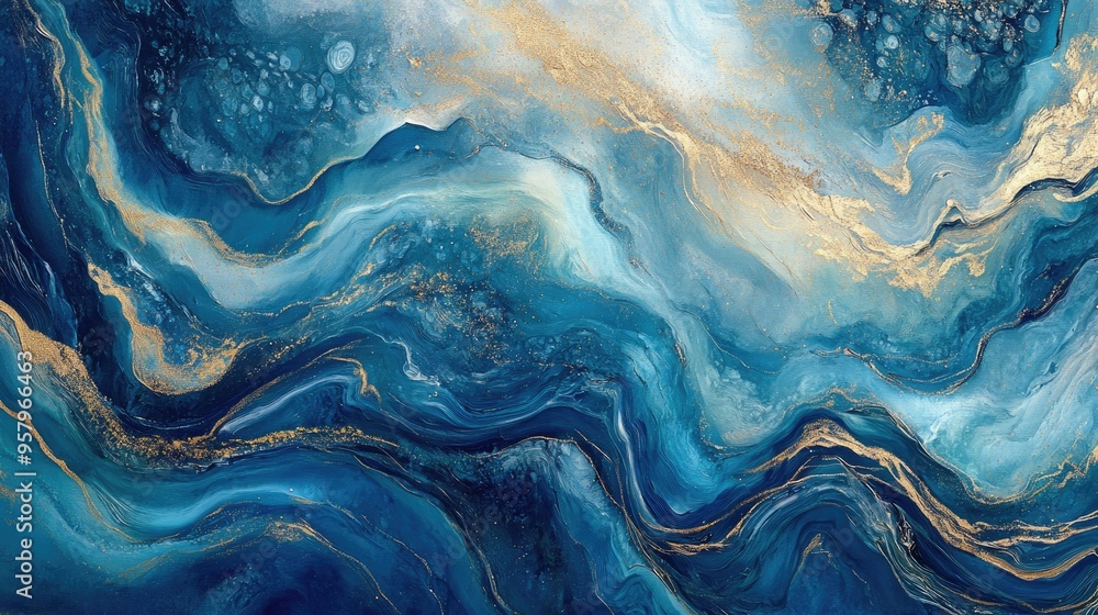 Abstract ocean oil painting featuring swirls reminiscent of marble and agate ripples showcasing stunning blue tones accented with gold powder embodying a natural luxury style Abstract ocean oil painting featuring swirls reminiscent of marble and agate ripples showcasing stunning blue tones accented with gold powder embodying a natural luxury style