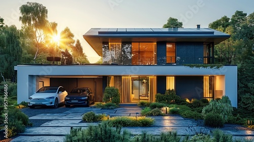 Beautiful villa with electric car parked at the entrance and solar panels on the roof, promoting a sustainable lifestyle for young family. concept of green energy and future sustainable development. photo