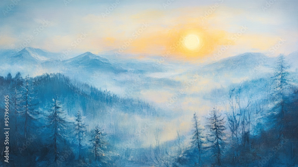 Oil painting depicting a radiant sun rising over a mountain range on a chilly winter morning featuring a misty landscape that embodies inspiration and positive thinking Soft focus sunrise scene Oil painting depicting a radiant sun rising over a mountain range on a chilly winter morning featuring a misty landscape that embodies inspiration and positive thinking Soft focus sunrise scene