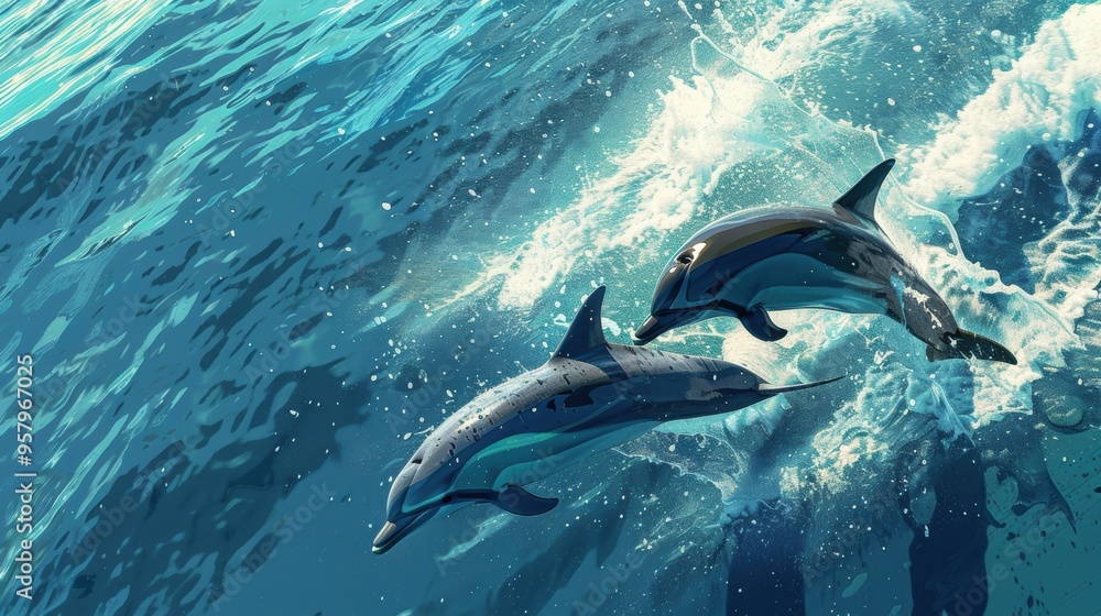 Fototapeta premium Playful Dolphins Leaping Out of Turquoise Ocean Waves