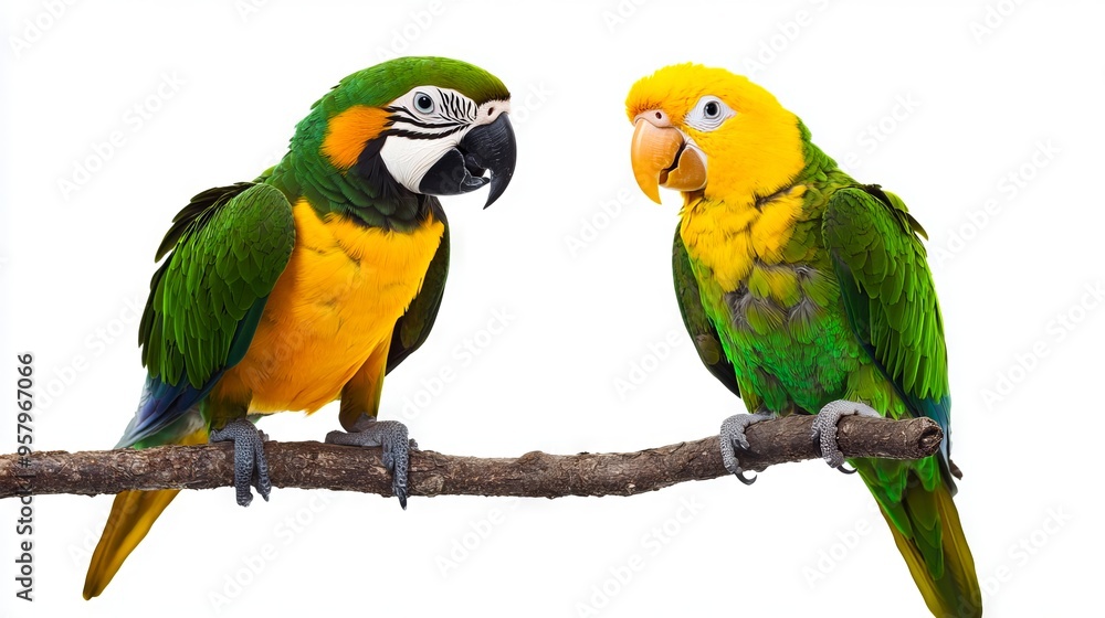 Two parrots sitting on a branch looking at each other Two parrots sitting on a branch looking at each other