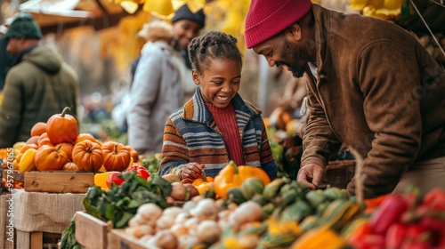 Happy family picks pumpkins at a lively farmers market on a sunny autumn day, enjoying togetherness and fresh, colorful produce photo