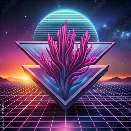 A futuristic. 3D illustration of a dulse plant against a vibrant retro inspired backdrop. photo