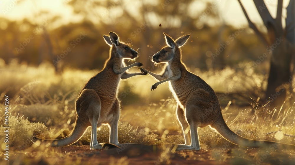 Two Kangaroos Engaged in a Lively Encounter at Sunset in the Australian Wilderness Two Kangaroos Engaged in a Lively Encounter at Sunset in the Australian Wilderness
