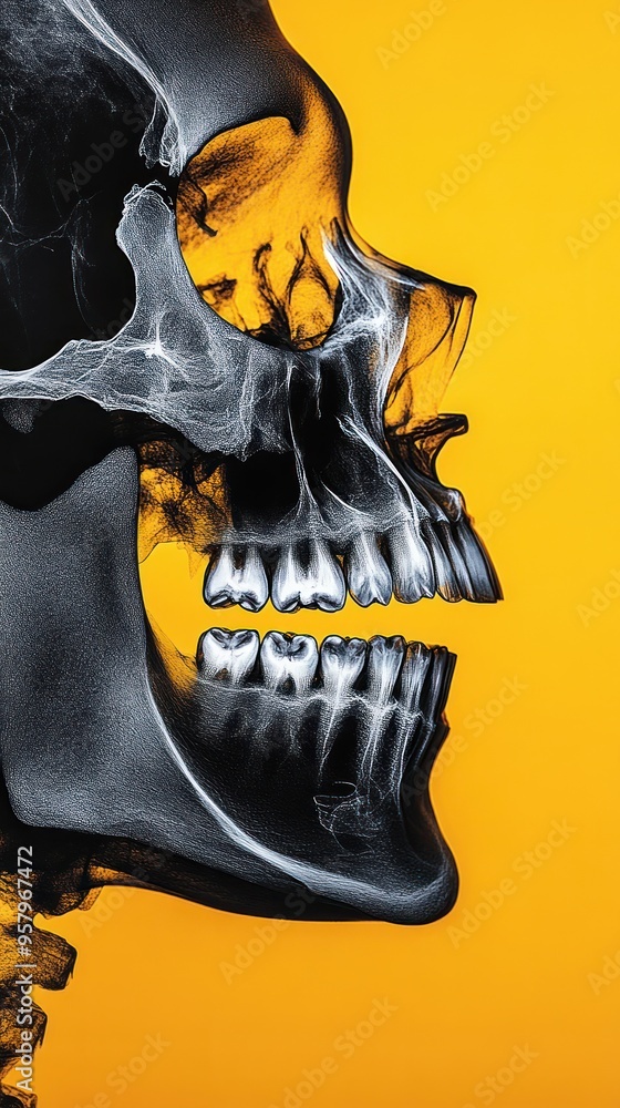 A close-up of a human skull in profile, with visible teeth, on a bright yellow background. A close-up of a human skull in profile, with visible teeth, on a bright yellow background.