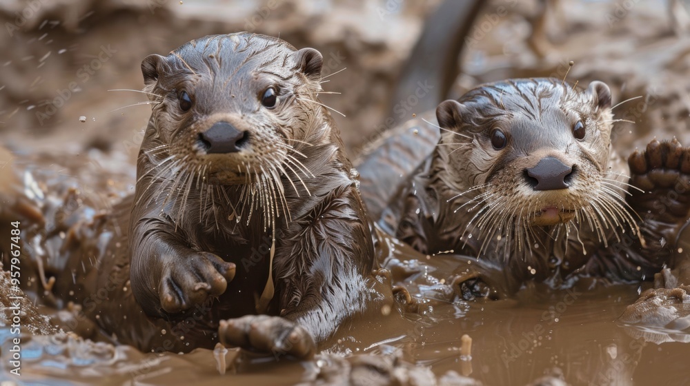 Fototapeta premium Playful Otters Exploring Muddy Riverside in Natural Habitat
