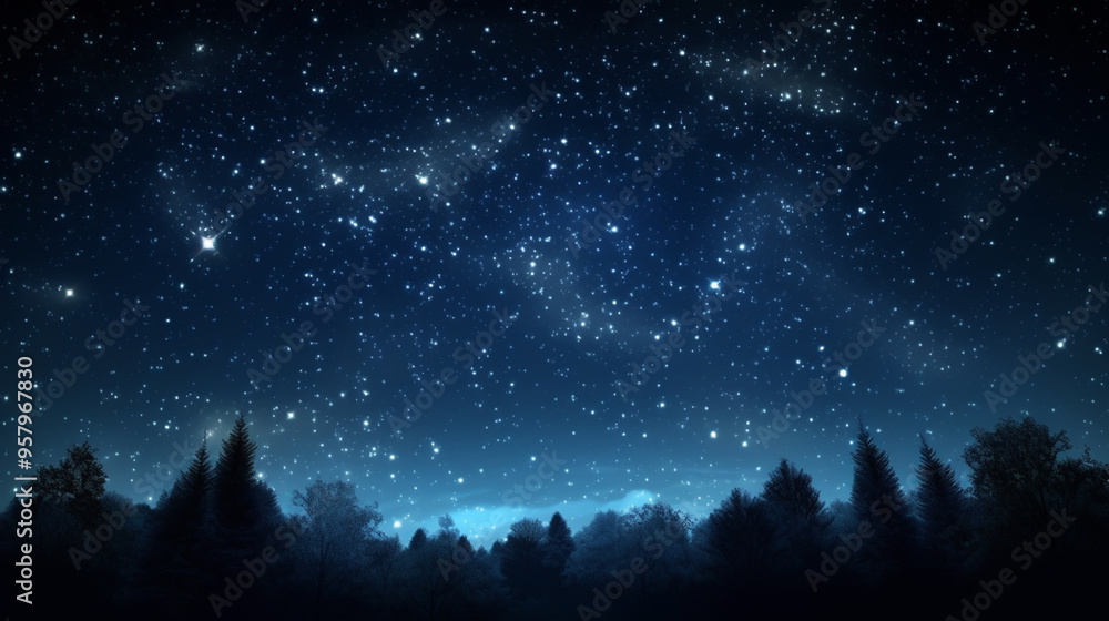 Naklejka premium Blue dark night sky with many stars above field of trees.