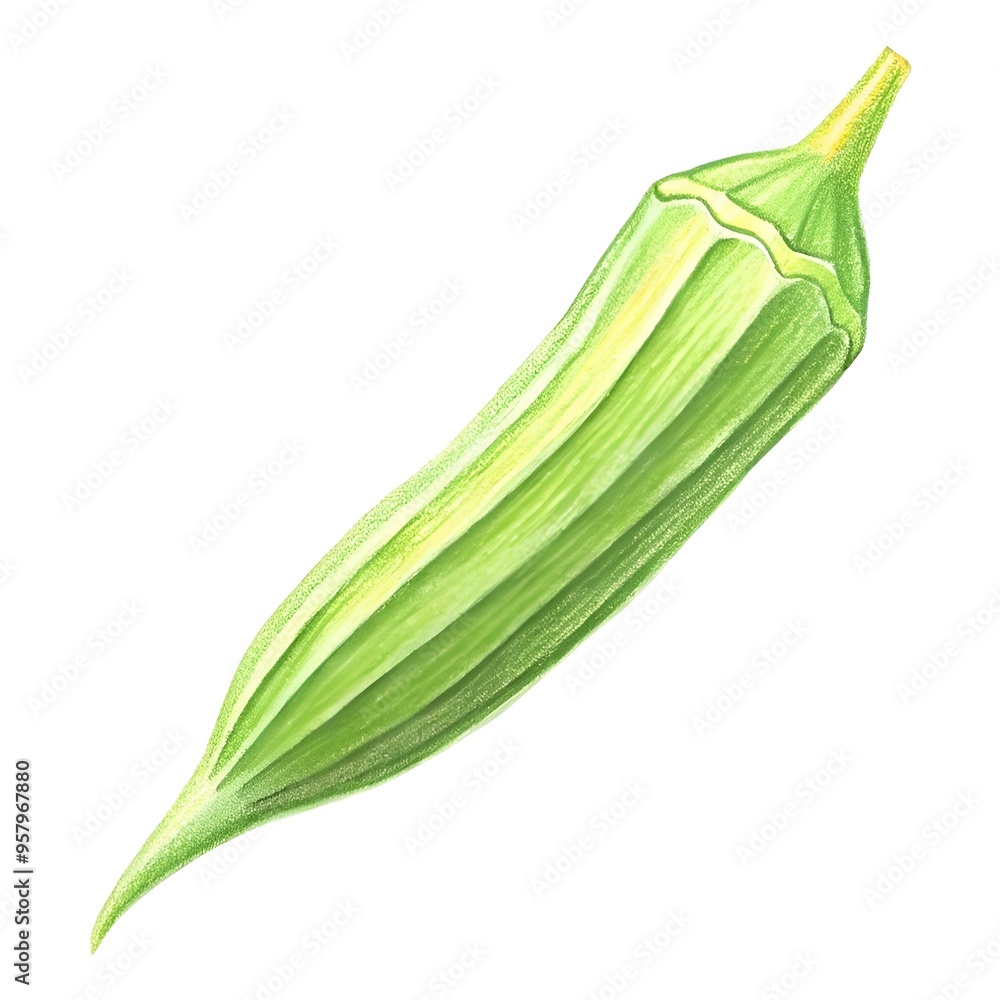 A 3D illustration of a single okra pod. rendered with a realistic. hand drawn style. A 3D illustration of a single okra pod. rendered with a realistic. hand drawn style.