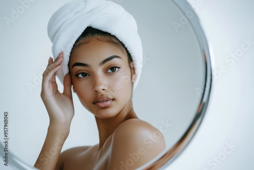 A woman wrapped in a towel on her head, gazing at her reflection in a round mirror