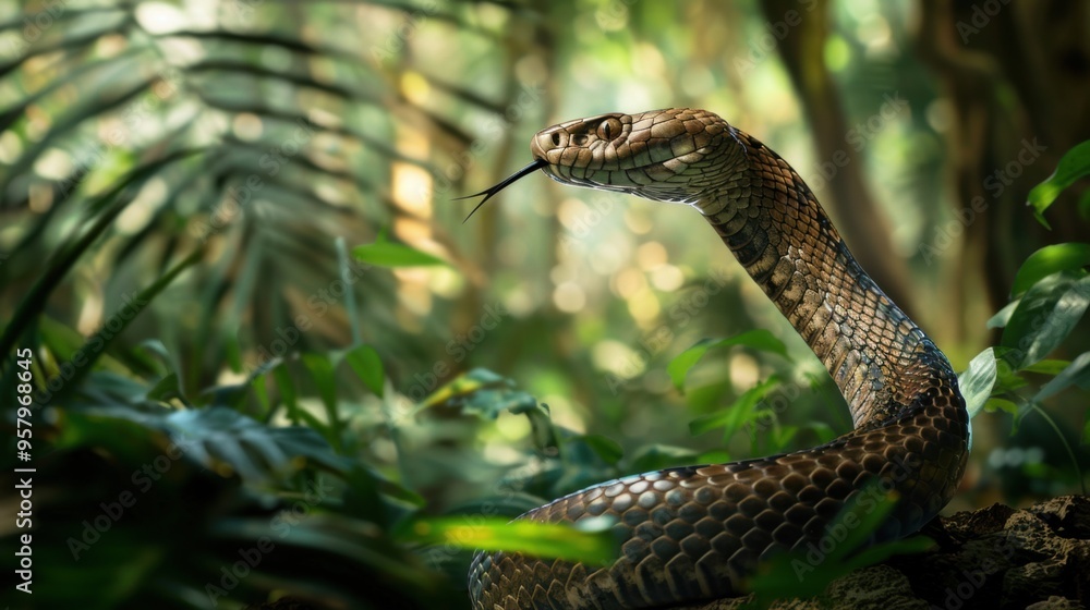 Coiled Venomous Serpent Lurking in Tropical Jungle Undergrowth Coiled Venomous Serpent Lurking in Tropical Jungle Undergrowth