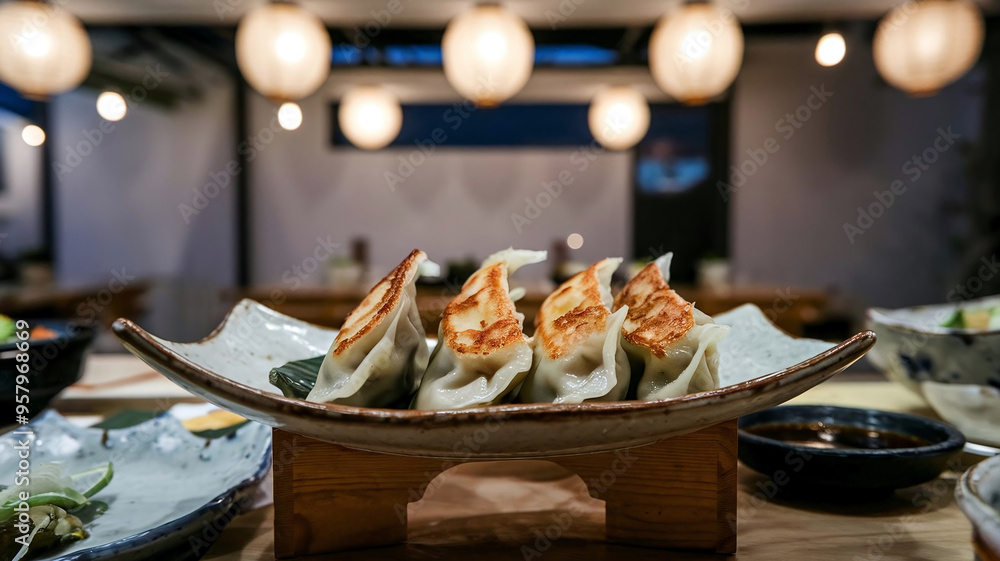 A plate of steaming gyoza dumplings with crispy edges, served with soy sauce on a table in a serene Japanese restaurant setting with soft natural light. A plate of steaming gyoza dumplings with crispy edges, served with soy sauce on a table in a serene Japanese restaurant setting with soft natural light.
