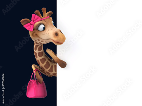 Canvas Print Fun 3D cartoon giraffe with a blank sign