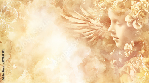  Serene angel figure with soft golden tones, peaceful funeral background with copy space