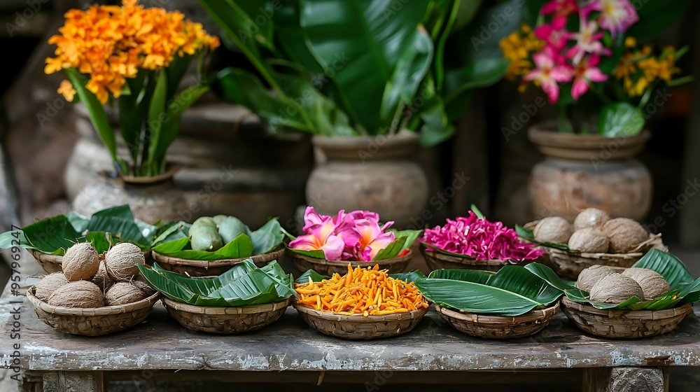 Traditional Offering Baskets with Coconut Flowers and Spices Traditional Offering Baskets with Coconut Flowers and Spices
