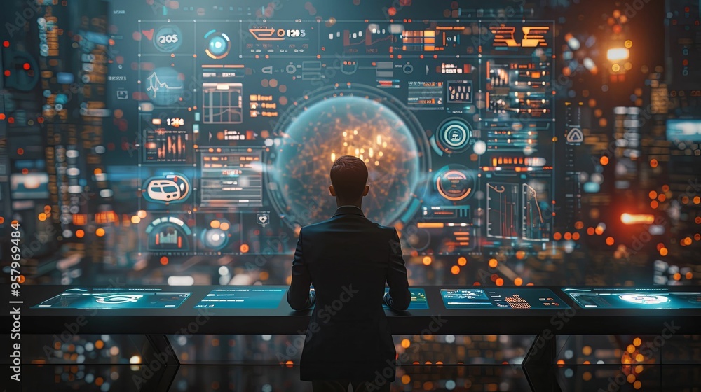 A Man Observing a Cityscape Through a Futuristic Interface A Man Observing a Cityscape Through a Futuristic Interface