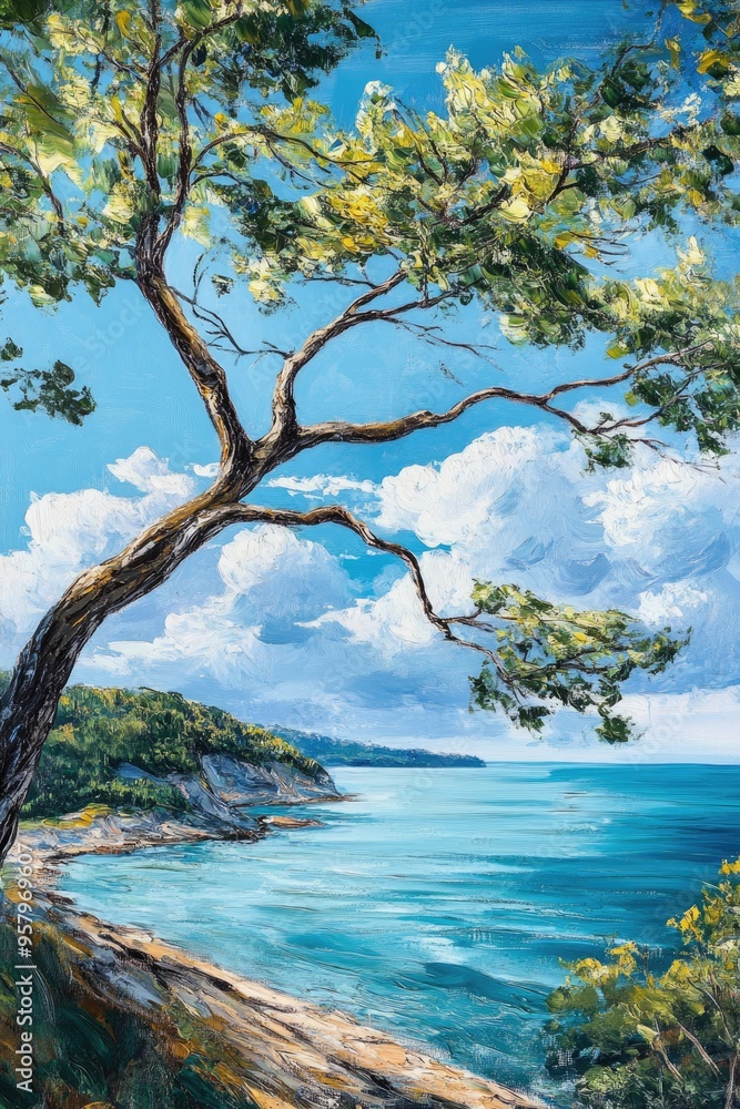 Oil painting depicting a tree branch by the shore with a vibrant blue sky and coastal landscape in the background Oil painting depicting a tree branch by the shore with a vibrant blue sky and coastal landscape in the background