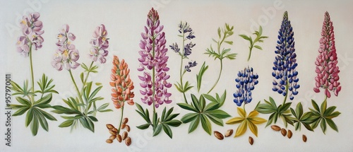 Oil painting of various lupine species including ornamental types and their seeds showcasing the diversity of the Fabaceae family