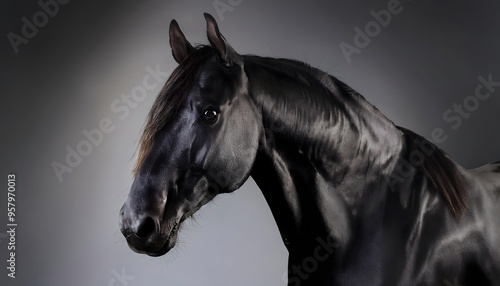 Close up view of a black horse with mane hair showing. isolated on black background with copy space.