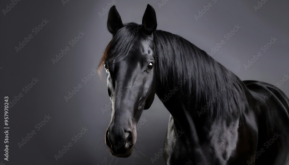 Close up view of a black horse with mane hair showing. isolated on black background with copy space. Close up view of a black horse with mane hair showing. isolated on black background with copy space.