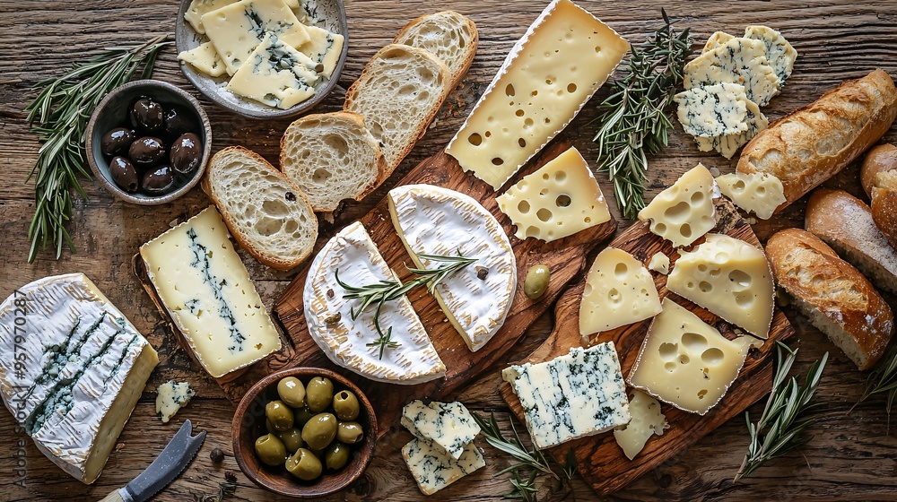 An exquisite arrangement of gourmet cheeses, olives, and fresh bread on a charming wooden surface. An exquisite arrangement of gourmet cheeses, olives, and fresh bread on a charming wooden surface.