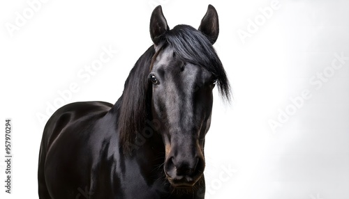 Close up view of a black horse with mane hair showing. isolated on white background with copy space.