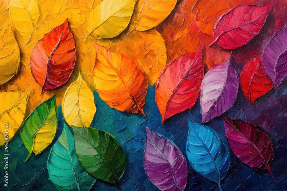 Vibrant oil painting showcasing a nature inspired design featuring colorful leaves Vibrant oil painting showcasing a nature inspired design featuring colorful leaves