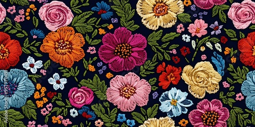 Seamless embroidery design featuring exquisite blooms on a dark backdrop, perfect for stylish textiles and printed materials.