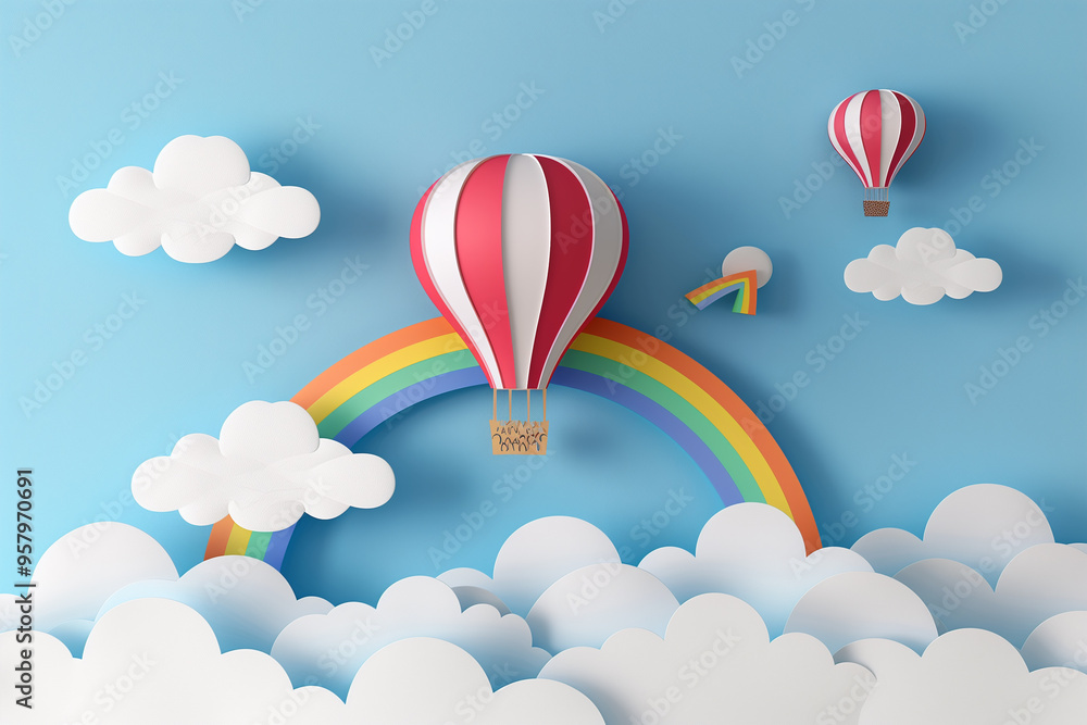 Obraz premium Paper art style of rainbow on blue sky sun, hot air balloon and cloudsfor baby nursery, children design.