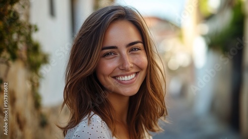 Smiling woman looking at the camera. A friendly and approachable image often used in lifestyle, travel, or fashion content