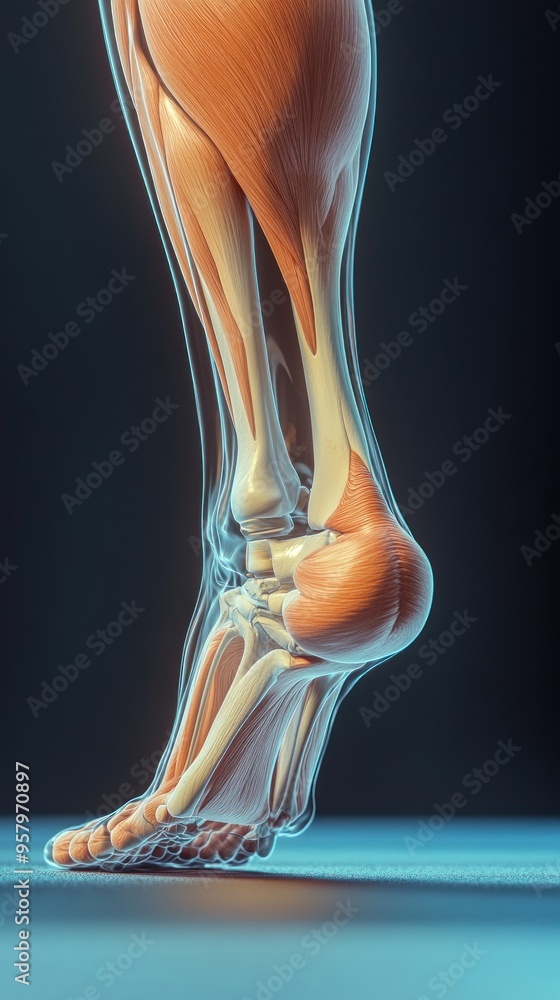 A detailed anatomical illustration of the lower leg, showing the muscles and bones in a transparent and stylized manner. A detailed anatomical illustration of the lower leg, showing the muscles and bones in a transparent and stylized manner.