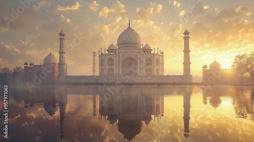 Majestic Taj Mahal Reflected in Tranquil Waters at Stunning Sunset in India