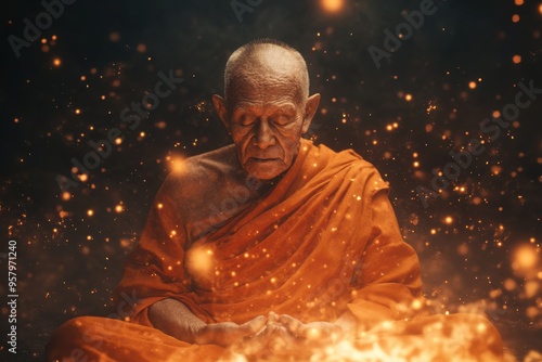 An elderly monk in orange robes is meditating with eyes closed, surrounded by a warm