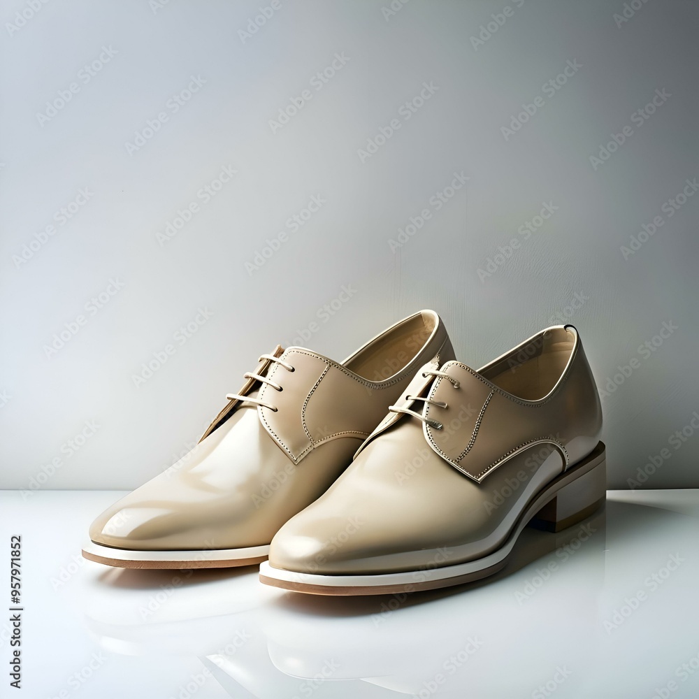 A pair of elegant. beige leather oxfords with a classic design. A pair of elegant. beige leather oxfords with a classic design.