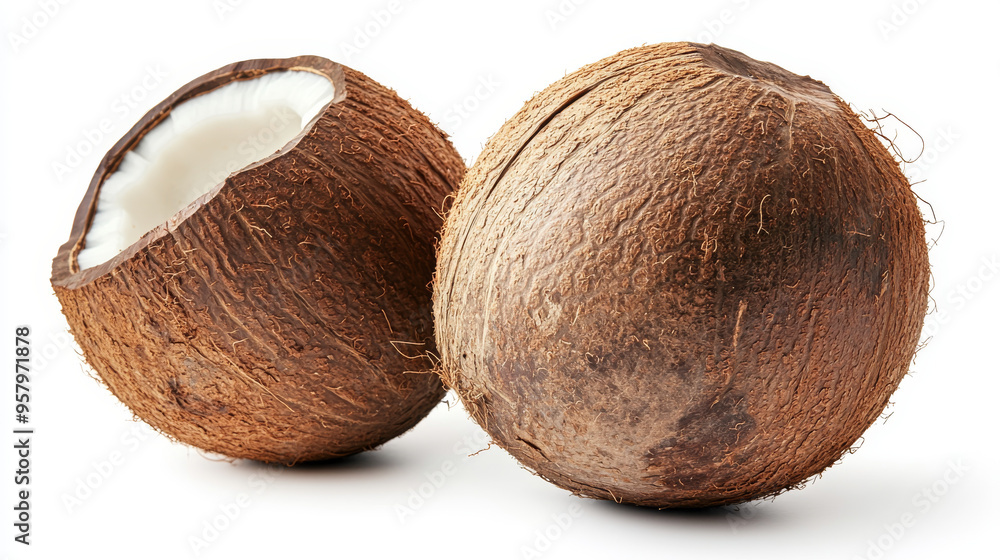 Flying delicious coconuts, isolated against a white background Flying delicious coconuts, isolated against a white background