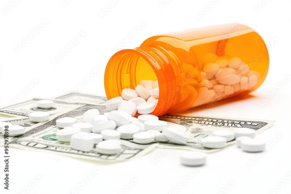 An orange prescription bottle tipped over, spilling white pills onto a pile of U.S. dollar bills An orange prescription bottle tipped over, spilling white pills onto a pile of U.S. dollar bills