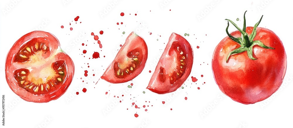 Vibrant Watercolor Illustration of Fresh Tomatoes in Various Cuts Vibrant Watercolor Illustration of Fresh Tomatoes in Various Cuts