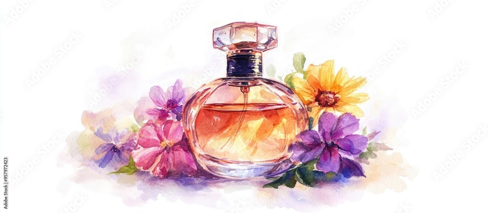 Elegant Watercolor Perfume Bottle Surrounded by Vibrant Flowers Elegant Watercolor Perfume Bottle Surrounded by Vibrant Flowers