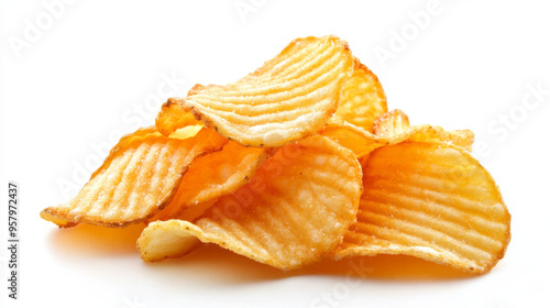 Delicious ridged potato chips on a white background, top view