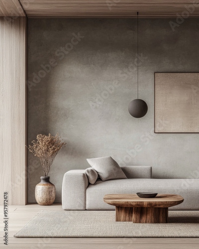 Japandi living room interior composition blending Japanese and Scandinavian minimalism with elegant furniture.