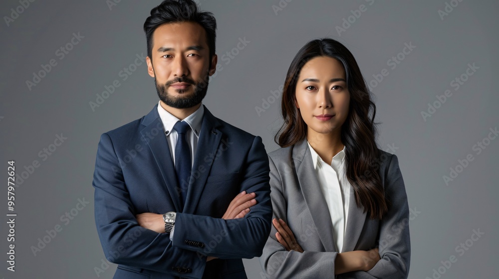 Portrait of a youthful, attractive executive alongside an experienced Asian professional set against a neutral backdrop. Portrait of a youthful, attractive executive alongside an experienced Asian professional set against a neutral backdrop.