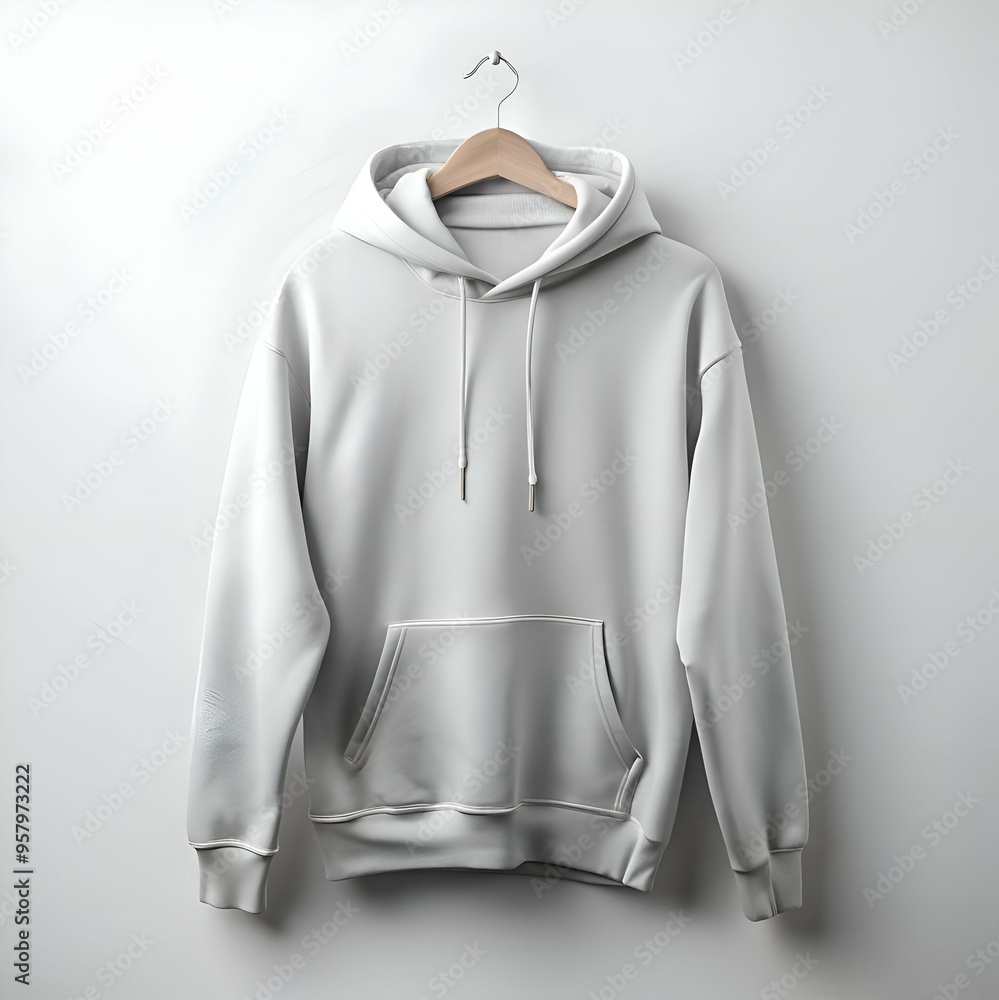 A clean. white hoodie mockup hanging on a wooden hanger against a white background. A clean. white hoodie mockup hanging on a wooden hanger against a white background.