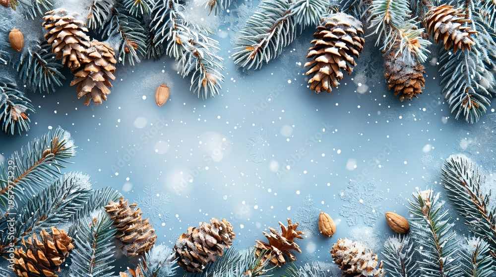 Snowy Pine Branches with Cones and Nuts on Blue Background Snowy Pine Branches with Cones and Nuts on Blue Background