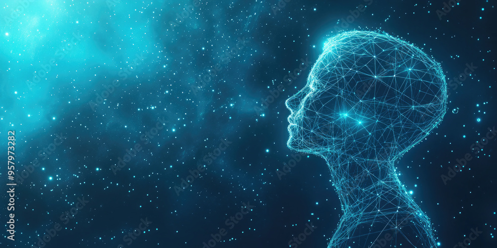 Artificial intelligence concept with a human head made of connecting lines and dots representing the neural network, symbolizing the future of ai Artificial intelligence concept with a human head made of connecting lines and dots representing the neural network, symbolizing the future of ai